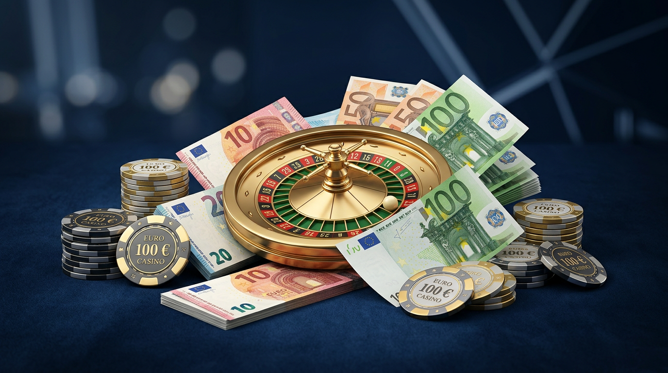 Eurové bankovky a luxusní kasino žetony na digitálním pozadí